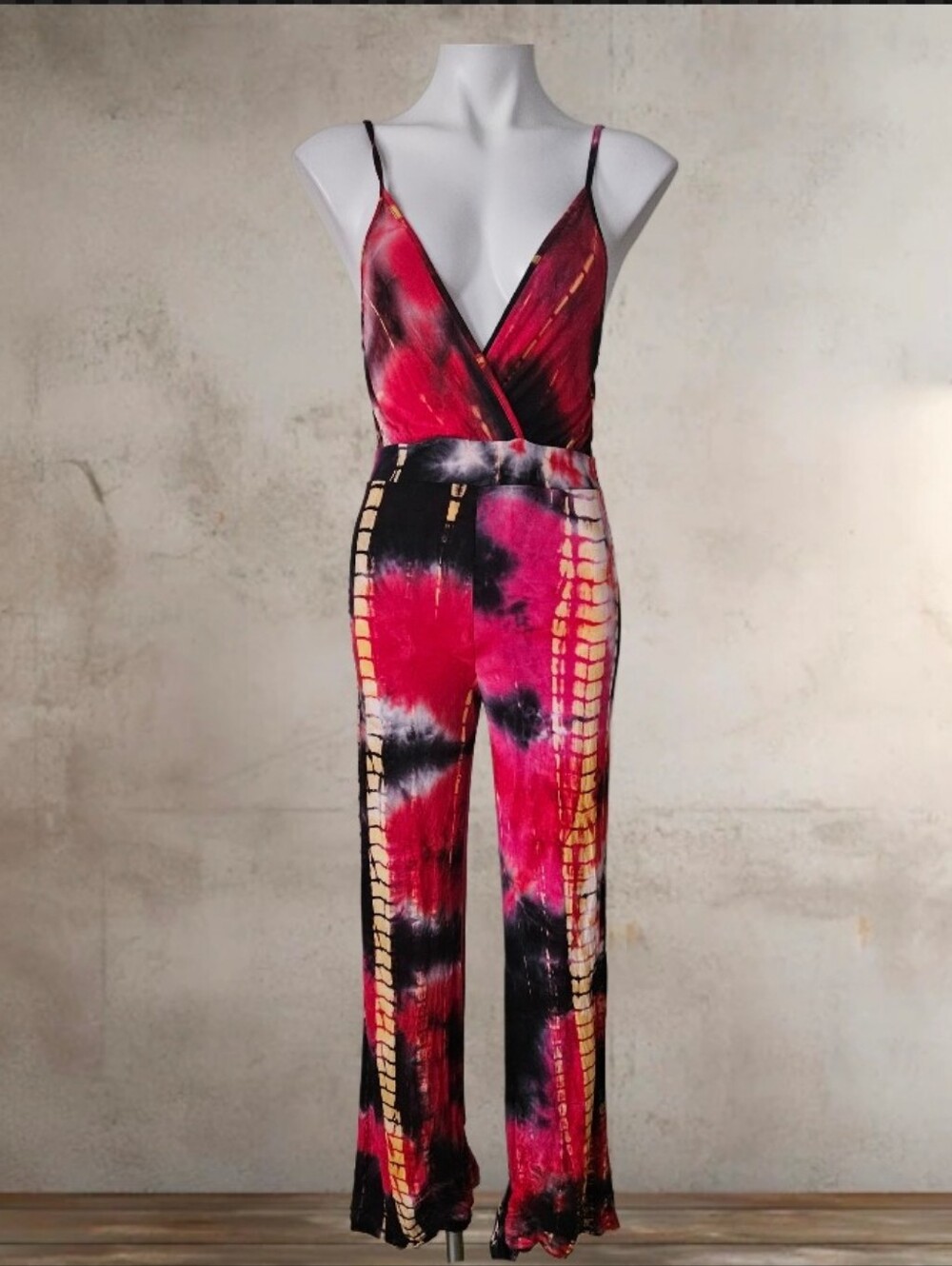 K Too /Red & Black Tie-Dye Sleeveless Surplice Jumpsuit Small